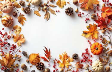 Autumn Leaves and Pine Cones on White Background