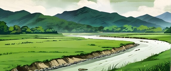 Pure natural landscape of green mountain pastures with river, thick brush texture art painting style illustration. Generative AI - obrazy, fototapety, plakaty