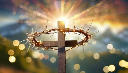 crown of thorns on wooden cross with bright sparkling crown of light in background the death and victory of jesus christ