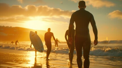 Group of surfers entering the ocean at sunset, perfect for travel and adventure themes - Powered by Adobe