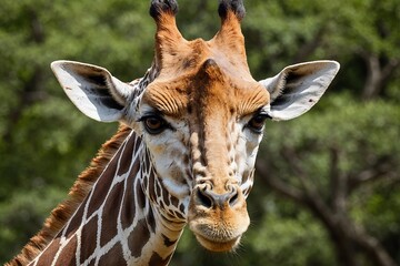 top close and full framed view of Giraffe head , detailed and sharp textures, large depth of field
