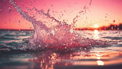 a close up of water splashing on the surface of a body of water with a pink sky in the back ground and a light pink sky in the background - Powered by Adobe