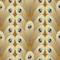 Abstract, geometric white peacock gold feather motif on warm brown background, vector, pastel color pattern