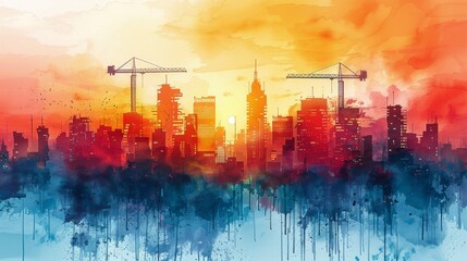 Cityscape Painting With Cranes in the Background