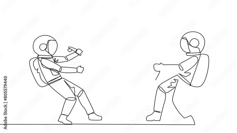 Poster self drawing animation of continuous line drawing two angry astronaut fighting over arrow target boa