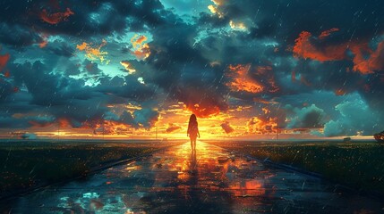 A woman walking towards the sunset