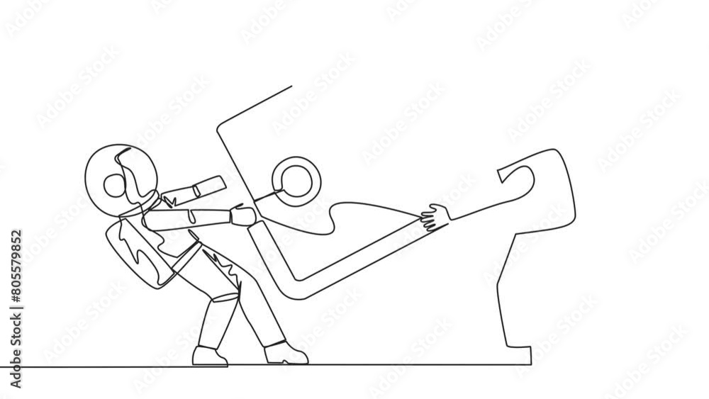 Poster animated self drawing of continuous line drawing two astronaut fighting over safe deposit box. fight