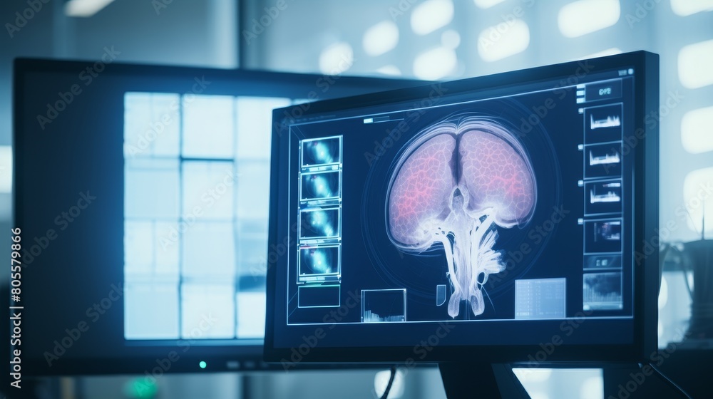 Poster advanced brain scan on monitor in laboratory. neuroscience and research.