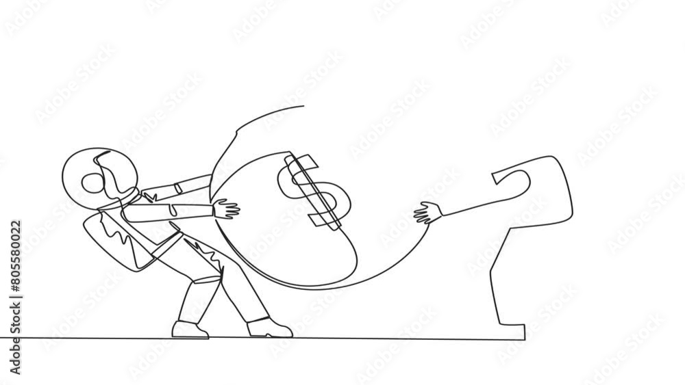 Poster animated self drawing of continuous line drawing two astronaut fighting over the big money bag. figh