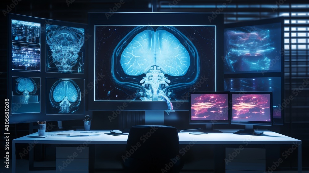 Poster advanced brain scan on monitor in laboratory. neuroscience and research.