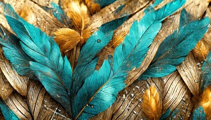 3d art wallpaper with blue turquoise gray leaves feathers golden highlights light background...