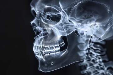 Surreal digital art of a skull X-ray with ethereal smoke effects, blending anatomy with an abstract, ghostly appearance.