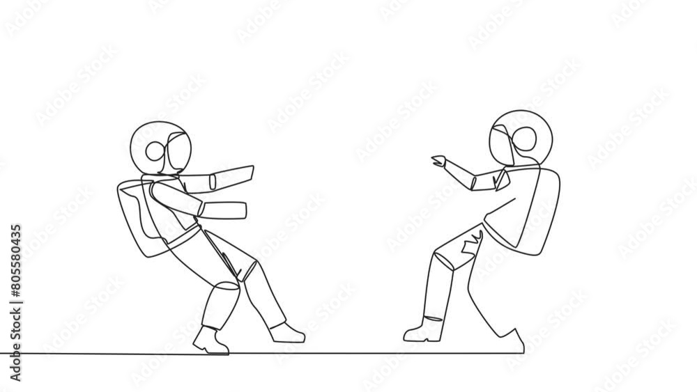Poster animated self drawing of continuous one line drawing two selfish astronaut fighting over big diamond