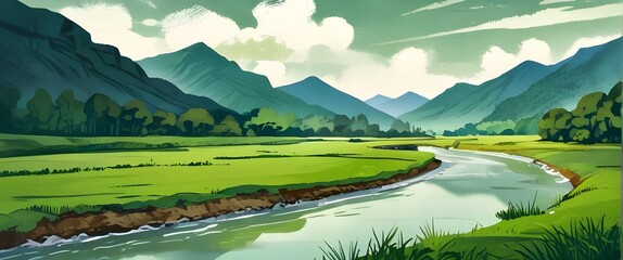 Pure natural landscape of green mountain pastures with river, thick brush texture art painting style illustration. Generative AI