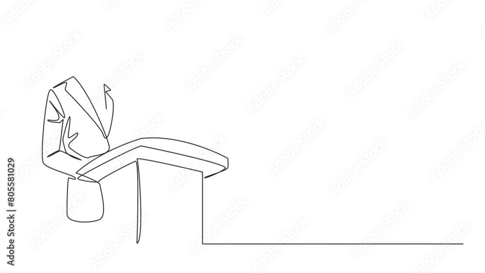 Poster animated self drawing of single continuous line drawing businessman speaking at the podium. announce