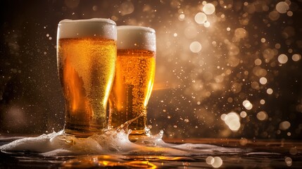 Two beer glasses resting on a table