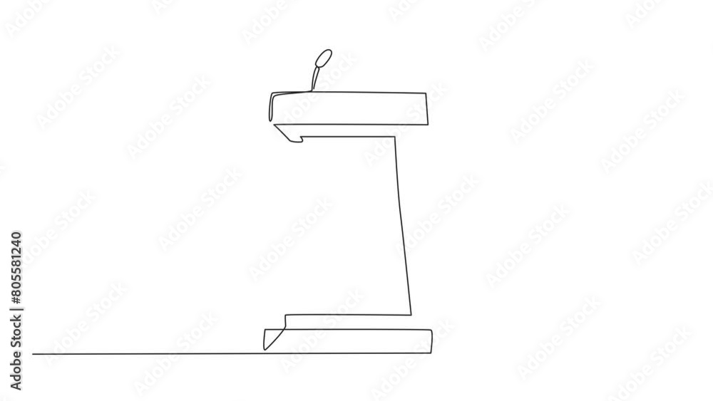 Poster animation of single continuous line drawing podium with two microphones. usually used in speech or o