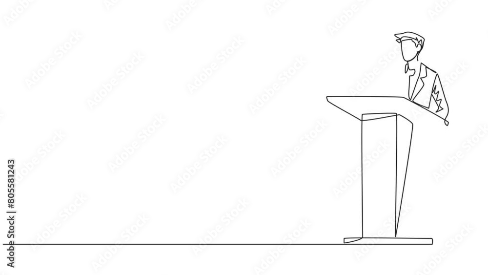 Poster self drawing animation of continuous one line drawing inspirational businessman give speech at the p