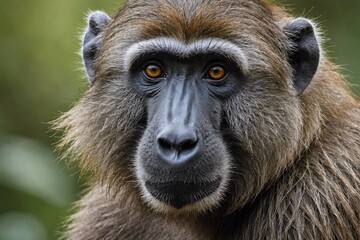 top close and full framed view of Guinea Baboon head , detailed and sharp textures, large depth of field