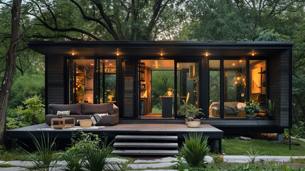 Tiny house design black color tones with glass. AI generated