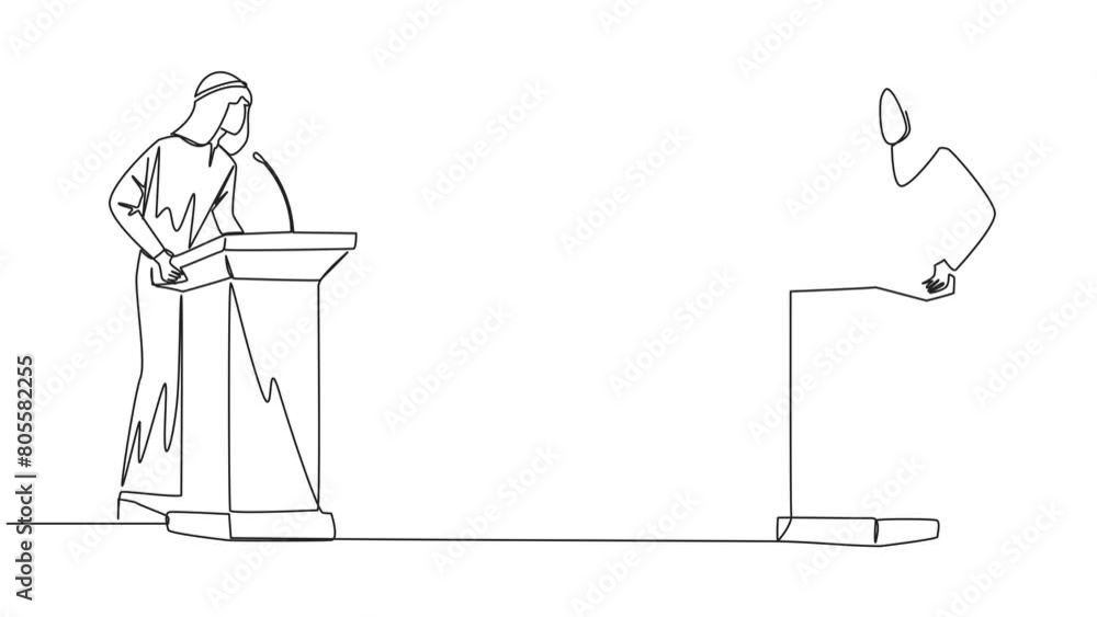 Aufkleber animated self drawing of continuous one line drawing arabian businessman and businesswoman arguing o