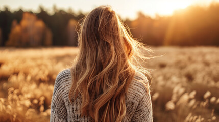 Unrecognizable view of woman meditating in a field at sunset.