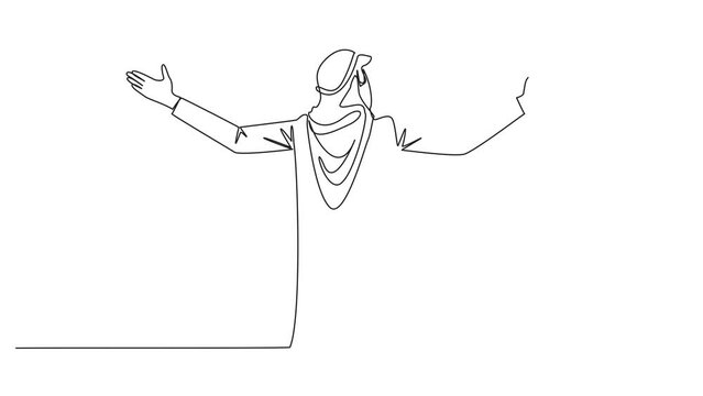 Self drawing animation of continuous one line drawing rear view of Arabian businessman speaking at podium while opening hands. Successful motivator. Invite to increase business. Full length animated