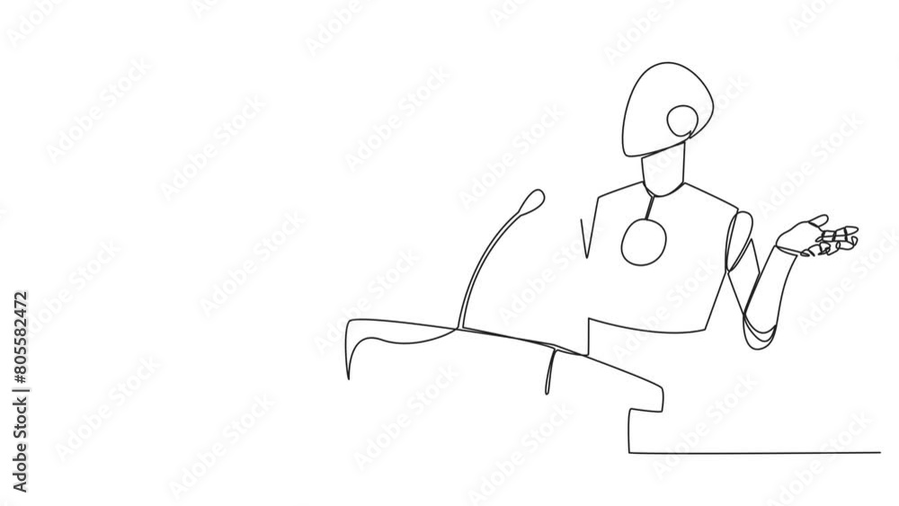 Poster animation of one line drawing single one line drawing smart robotic speaking at the podium while ope