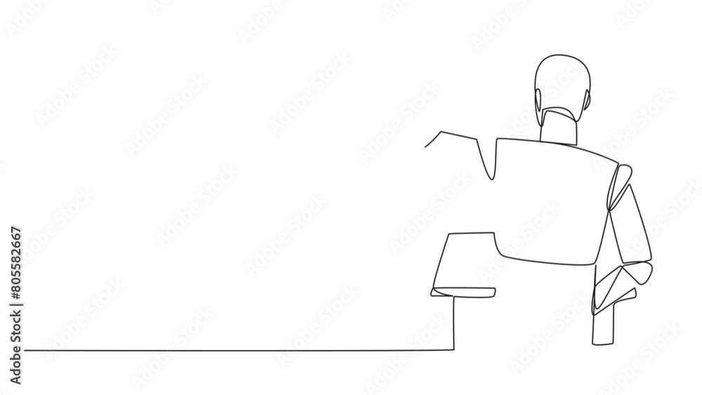 Poster animated self drawing of single continuous line drawing rear view of smart robotic speaking at the p