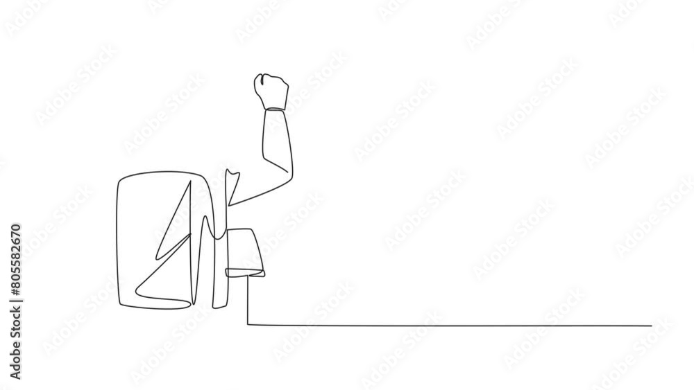 Poster self drawing animation of single continuous line drawing rear view of astronaut speaking at the podi