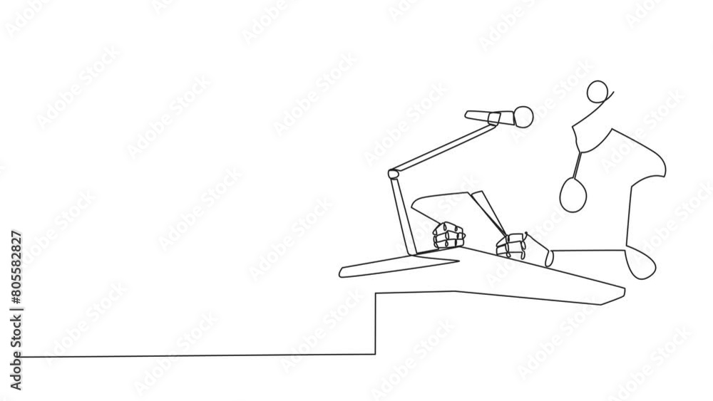 Poster animation of one line drawing of single one line drawing robot speaking on the podium holding a piec