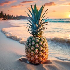 Pineapple on exotic sand beach at sunrise light, sea background.