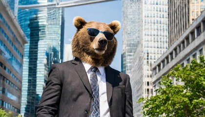 a bear wearing a suit and sunglasses in a city
