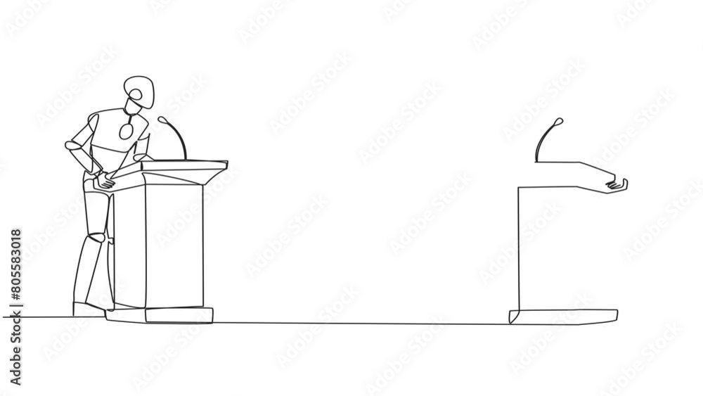 Poster animation of one line drawing of single one line drawing two robot arguing on the podium. throwing o