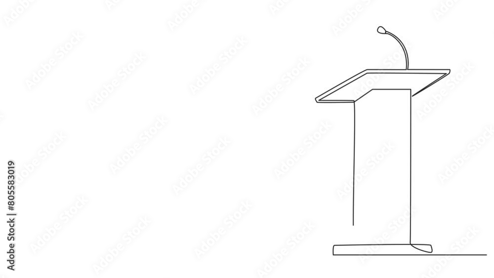 Poster animated self drawing of single one line drawing podium with microphone. used in speech or oration. 