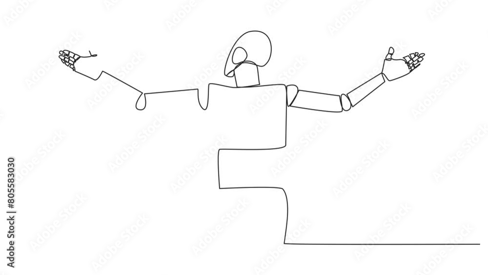Poster animation of one line drawing of continuous one line drawing rear view of robotic speaking at the po