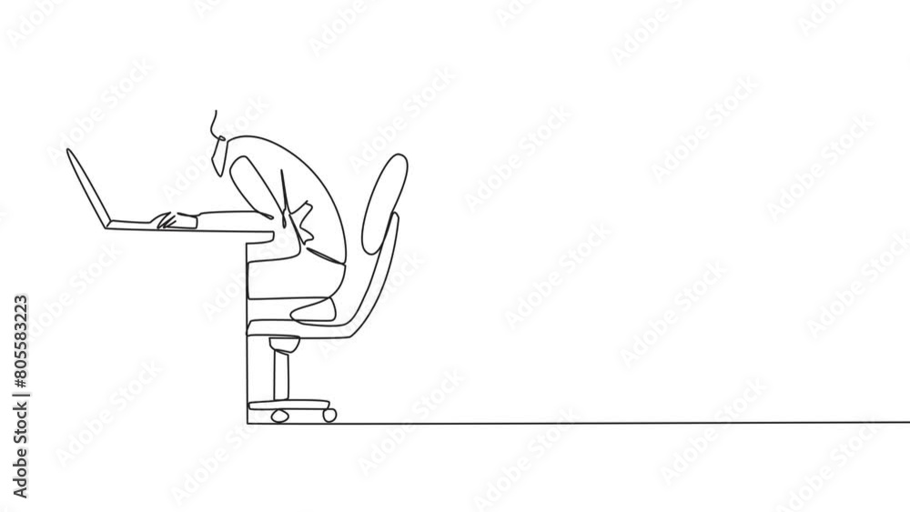 Poster self drawing animation of single one line drawing hectic businessman sitting and typing on laptop co