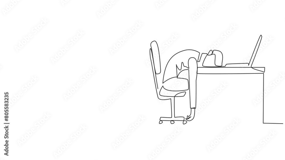Aufkleber animation of one line drawing of continuous one line drawing businessman fell asleep in front of a l