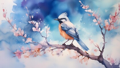 a watercolor painting of a bird perched on a branch with a blue sky in the background ai generative - Powered by Adobe