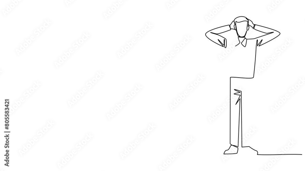 Poster animated self drawing of single continuous line drawing businessman standing straight holding head w