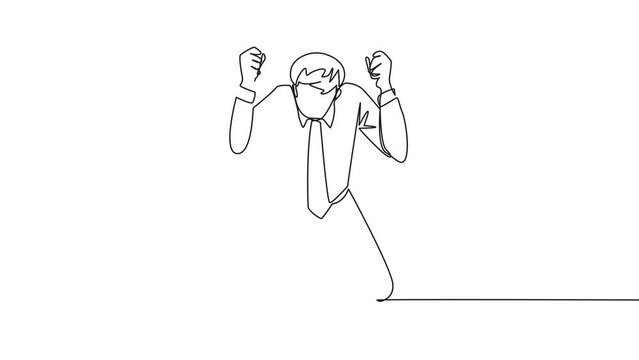Self drawing animation continuous one line drawing businessman kneeling like praying. Lost hope. Businesses will bankrupt if fail to get bona fide clients. Gesture of surrender. Full length animated