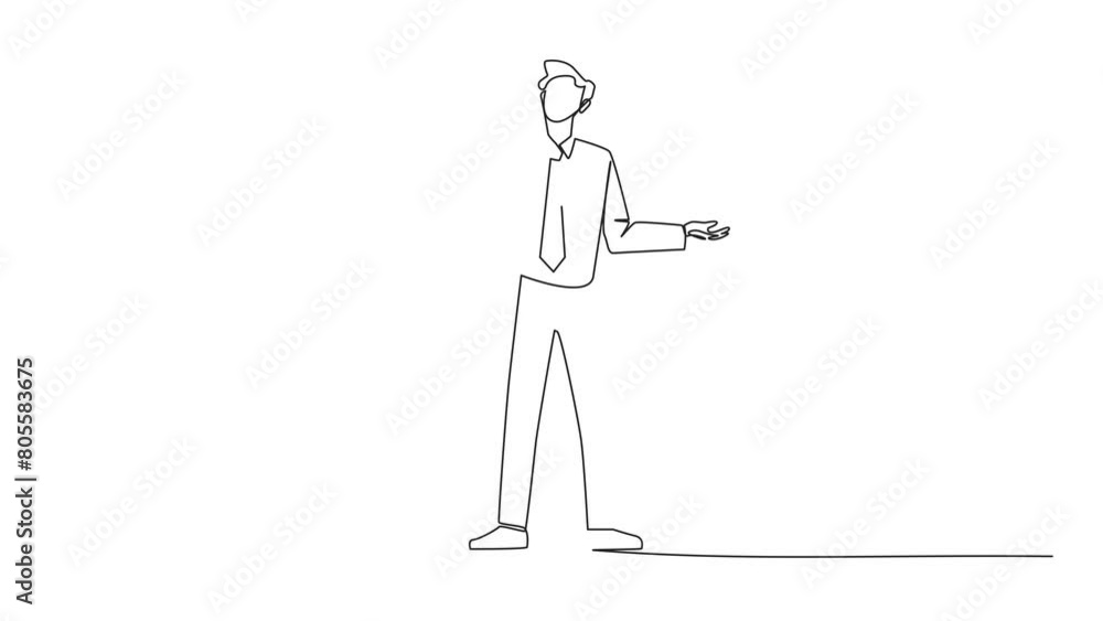 Poster animation of one line drawing of continuous one line drawing businessman standing straight with open