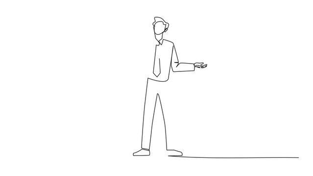 Animation of one line drawing of continuous one line drawing businessman standing straight with open arms. Lonely and sadness businessman lamenting undeveloped business. Unhappy. Full length motion