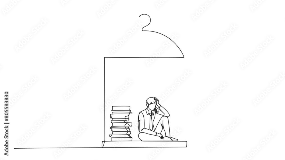 Aufkleber animated self drawing of single continuous line drawing businessman trapped in cage sitting down fru
