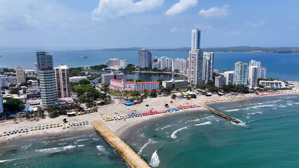 Beach Scenery At Cartagena De India In Bolivar Colombia. Caribbean Cityscape. Downtown Background....