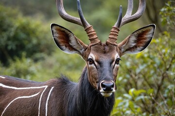 Fototapeta premium top close and full framed view of Mountain Nyala head , detailed and sharp textures, large depth of field