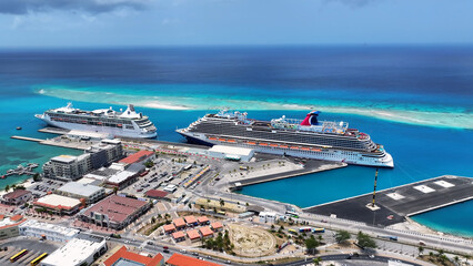 Port Of Aruba At Oranjestad In Caribbean Netherlands Aruba. Caribbean Cruise Ship. Downtown...