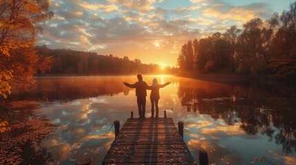Fototapeta premium Two People Standing on a Dock at Sunset