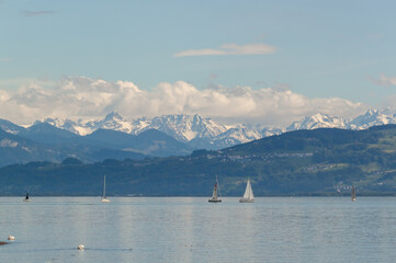 Panoramic view of the Alps from the German coast of Bodensee