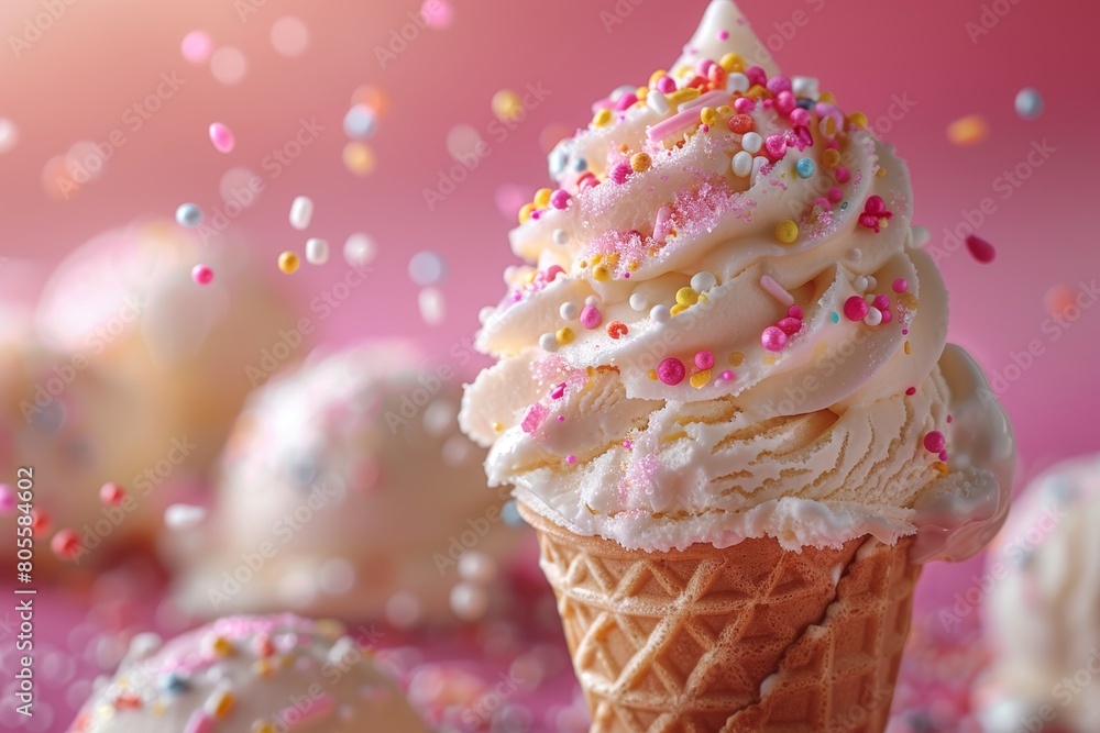 Poster a close up of a vanilla soft serve ice cream cone with colorful sprinkles and a pink background